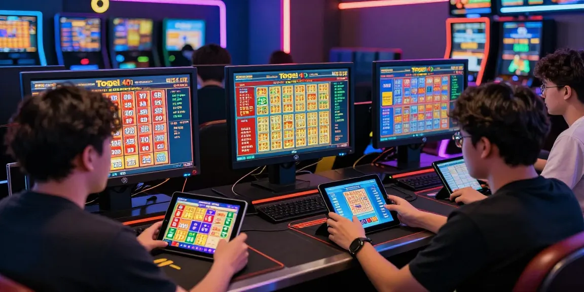Engaged players exploring Bandar Togel 4D Resmi Togel88 in vibrant gaming environment with colorful displays and tablets.