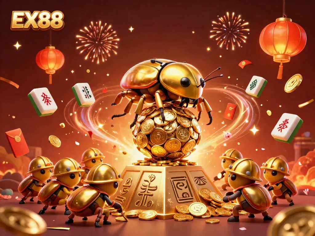 Experience extravagance with EX88 as golden beetles roll coins in a vibrant casino-themed illustration.