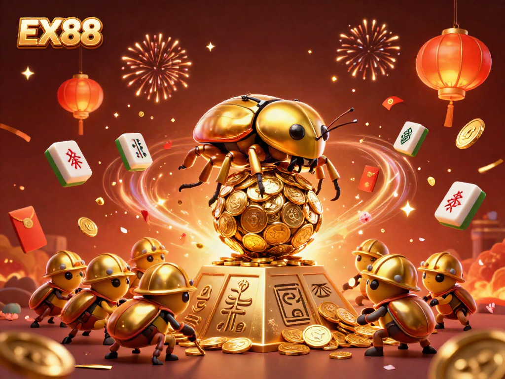 Experience extravagance with EX88 as golden beetles roll coins in a vibrant casino-themed illustration.