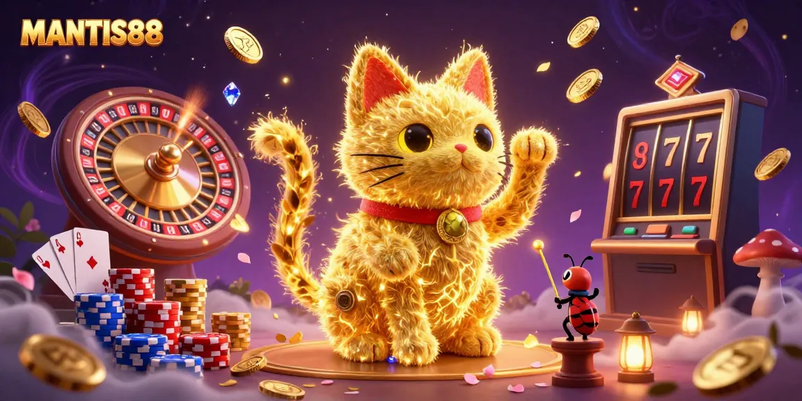 MANTIS88 showcases a vibrant scene with golden fireflies as a lucky cat in a casino atmosphere, featuring sparkling casino elements.