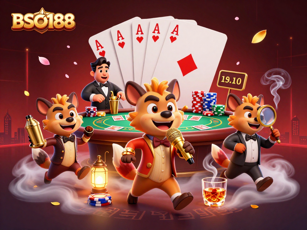 Experience the excitement of BSO188 with vibrant hyena characters in a dynamic casino scene.