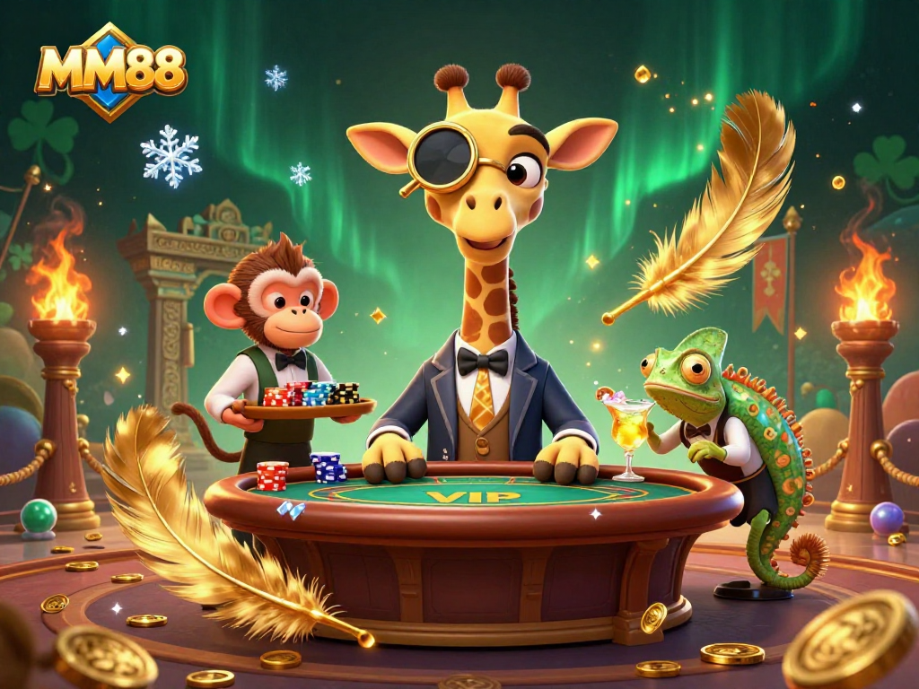 Experience thrilling gameplay at MM88 featuring a high-roller giraffe at a VIP poker table.