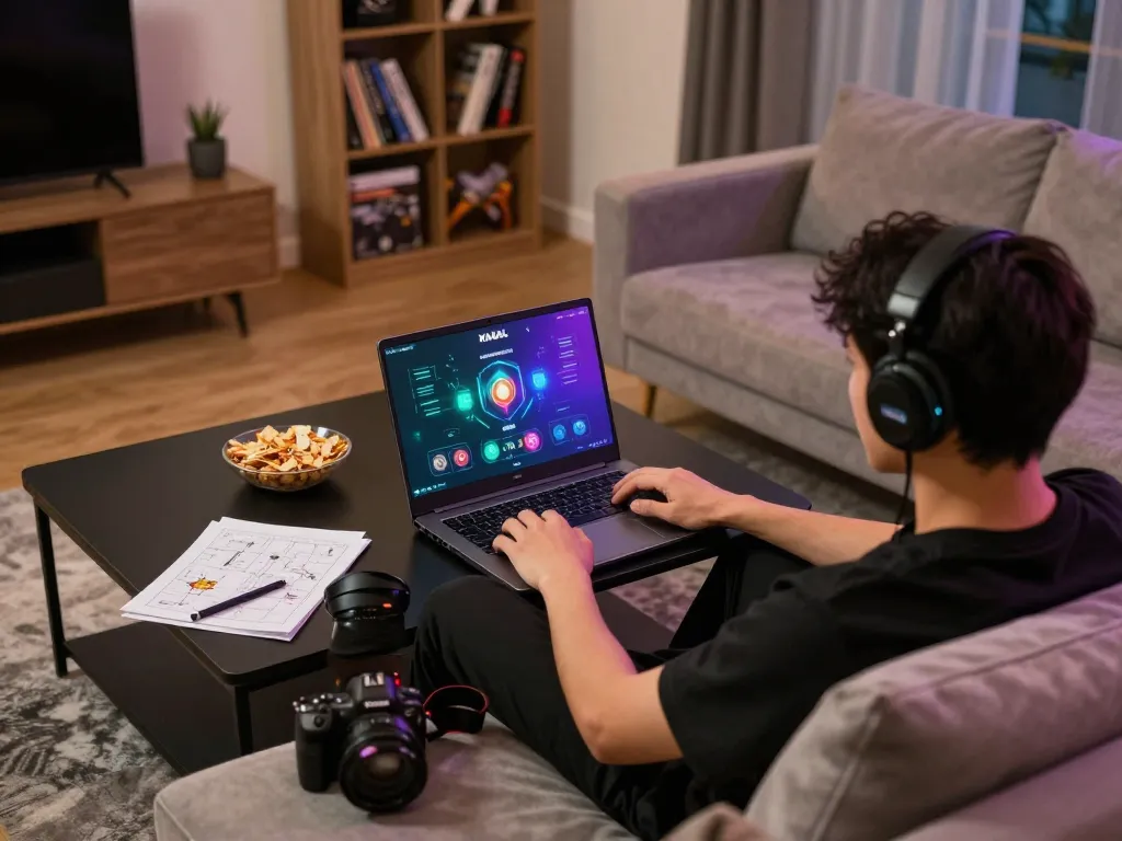 KADAL 778 gamer engaging with online platform on laptop while enjoying a cozy home setup