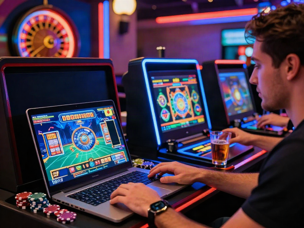 Exciting moment at credit card casinos UK with a player enjoying a slot game on a laptop in a vibrant casino setting.