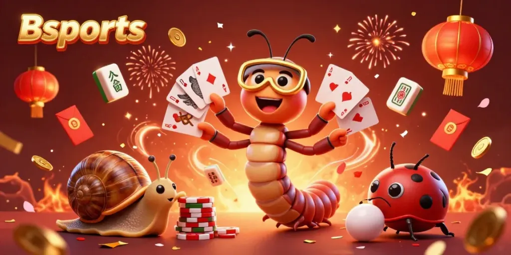Experience the excitement of Bsports with a vibrant illustration featuring a 3D millipede dealer surrounded by dynamic casino elements.