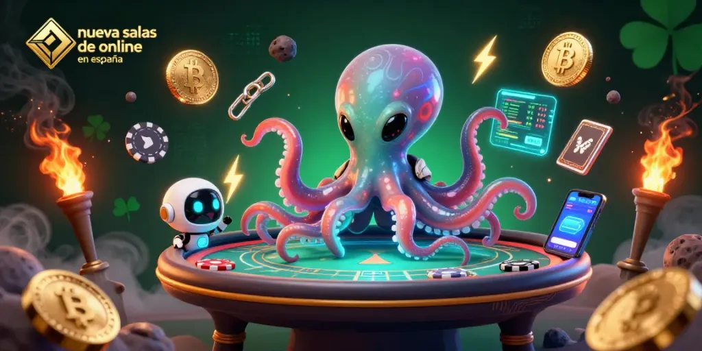 Interacción emocionante con nuevas salas de póker online en España, donde un pulpo alienígena y un robot juegan en una mesa holográfica.