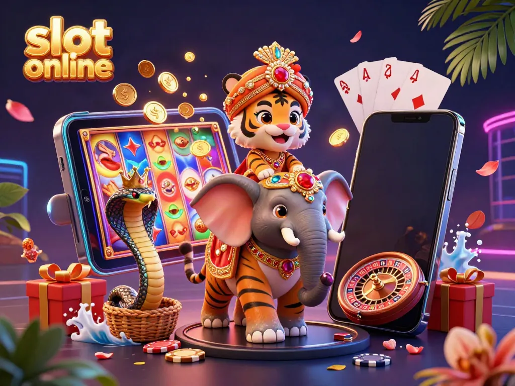 Experience the excitement of slot online with this vibrant 3D scene featuring a majestic tiger and colorful slot game elements.