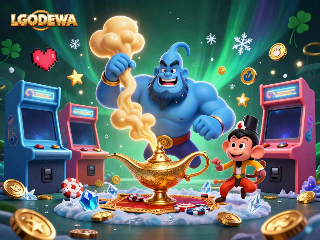Engage with LGODEWA's exciting online gaming scene featuring a dynamic genie and classic casino elements.