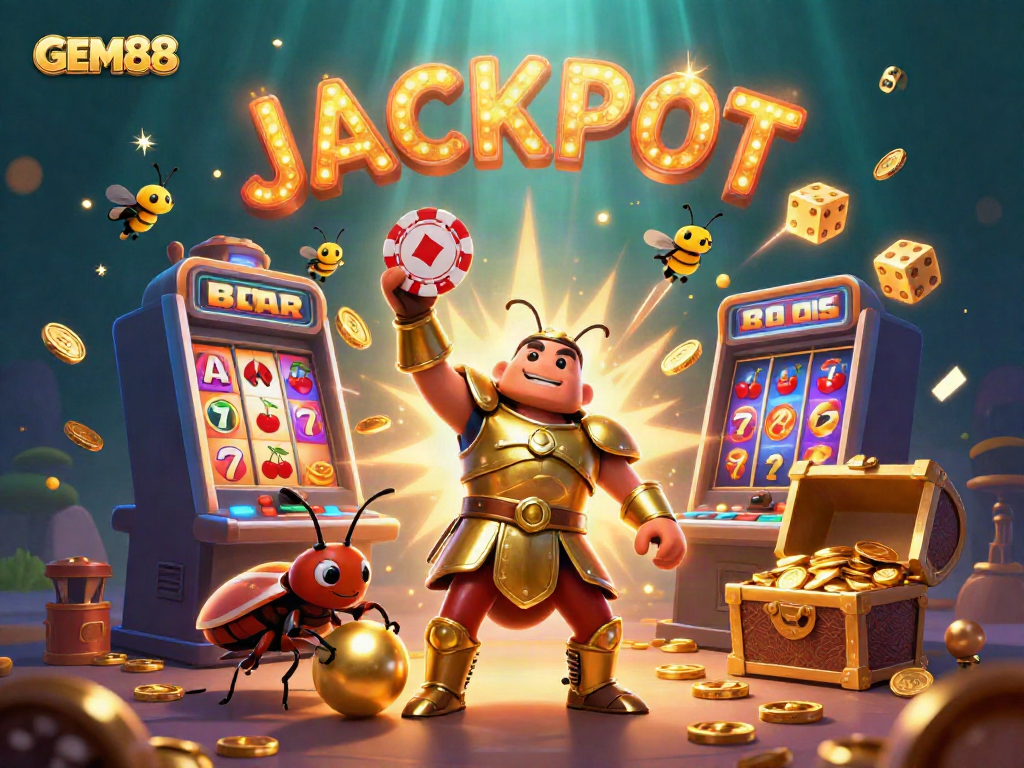 Celebrate wins at GEM88 with a vibrant 3D casino scene featuring beetles, jackpots, and gaming excitement.