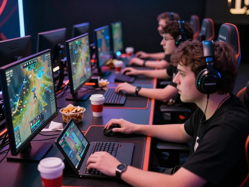 Players competing in an intense game online tournament, showcasing vibrant screens and focused expressions.