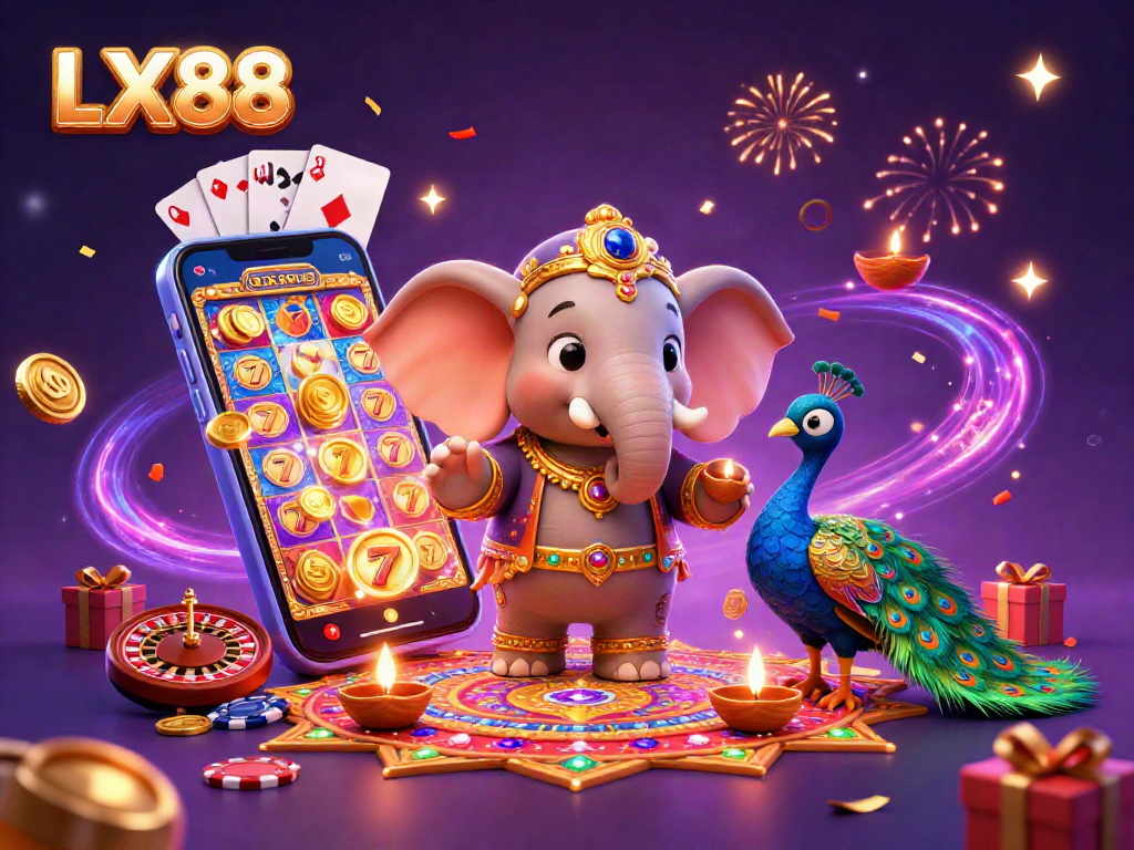 Spin the reels with LX88 in a vibrant casino celebration featuring magical elements.