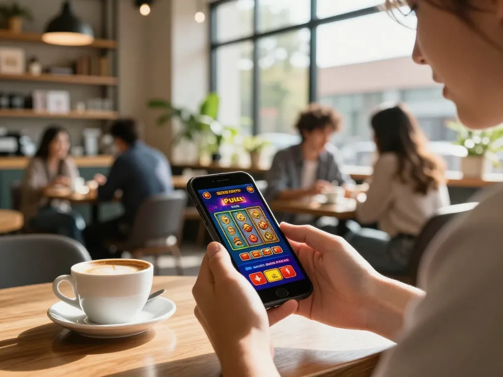Engaging with Slot Pulsa game on smartphone in a cozy coffee shop setting