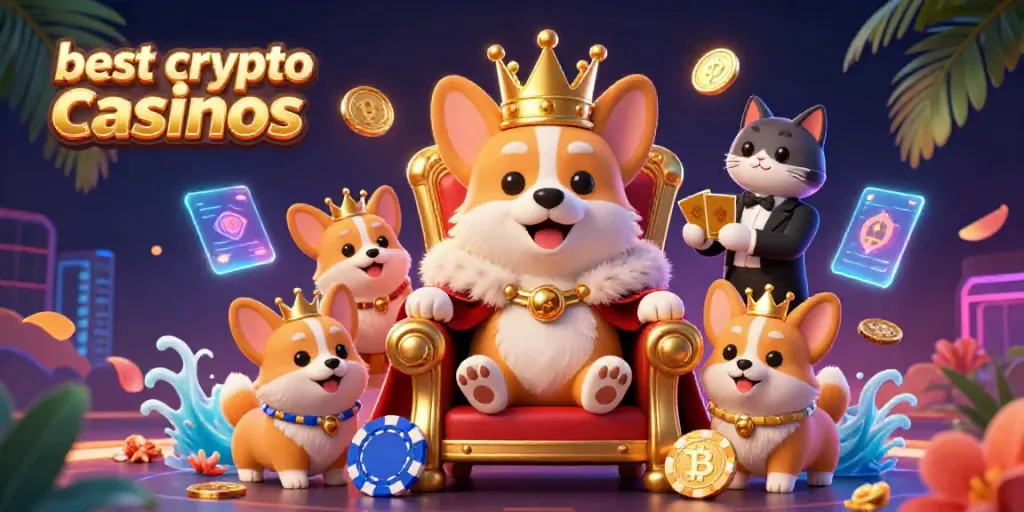 Experience the best crypto casinos with lively characters and dynamic gaming elements in a vibrant 3D illustration.