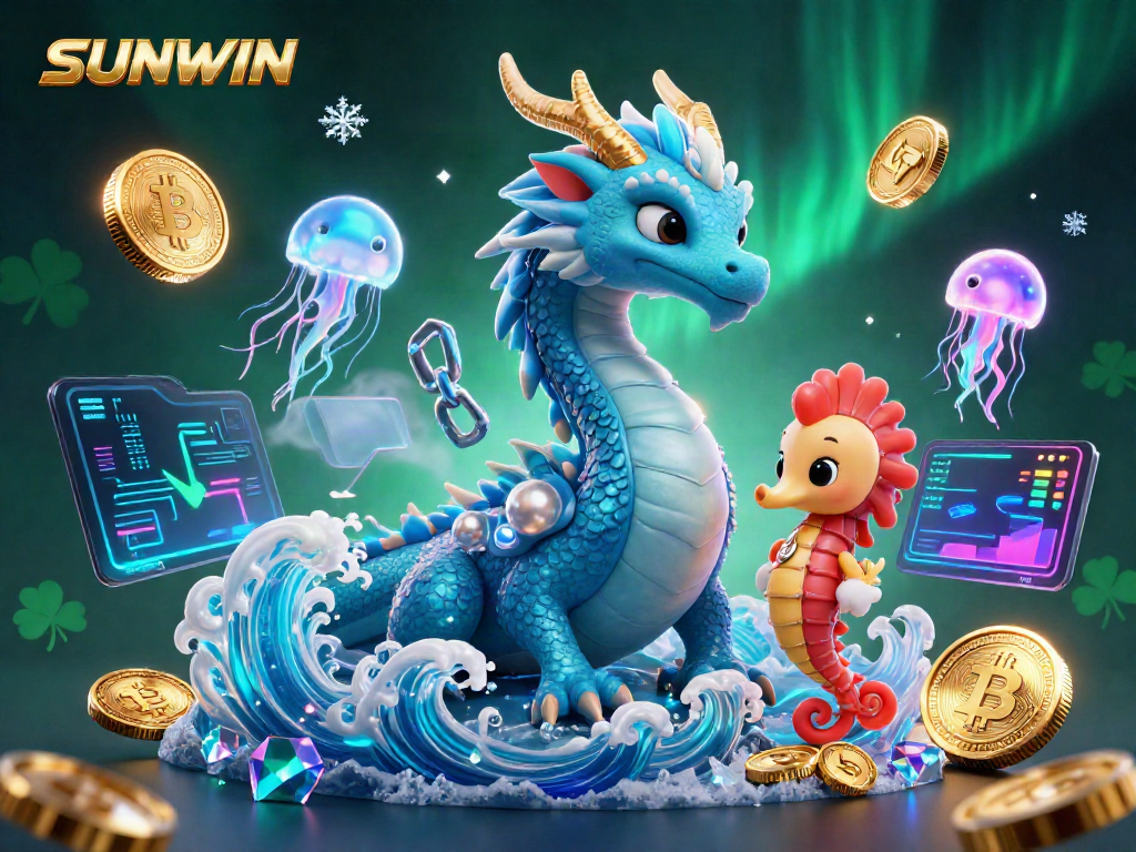 SUNWIN showcases a dynamic underwater casino scene with a dragon, seahorse knight, and jellyfish, surrounded by crypto elements.