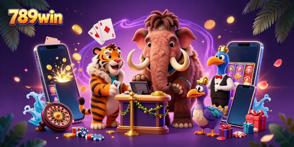 Experience the vibrant world of 789win with a woolly mammoth bouncer and casino elements in a 3D illustration.