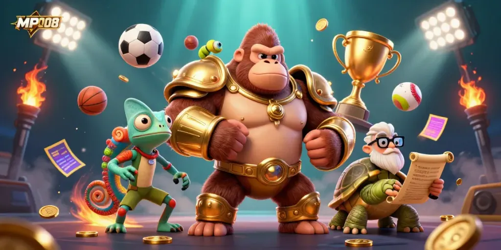 MPO08 showcases an energetic scene with a gorilla king, chameleon spy, and tortoise elder in a dynamic casino setting.