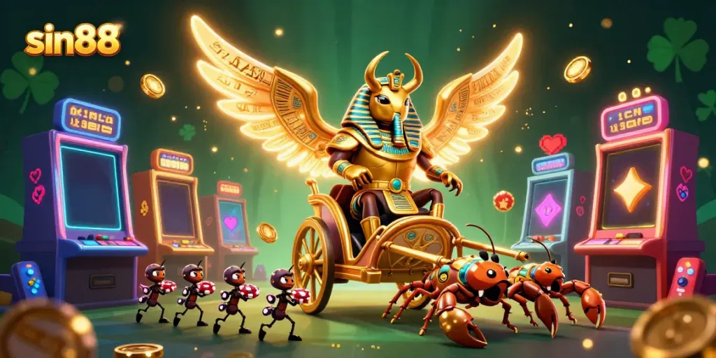 Experience thrilling gameplay with sin88, showcasing golden characters and vibrant casino elements.