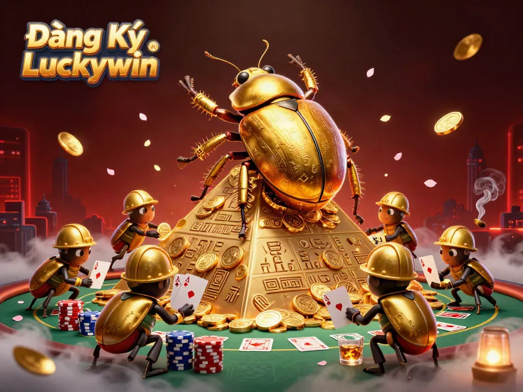 Engaging scene showcasing Đăng Ký Luckywin with golden beetles rolling coins and dynamic poker elements.