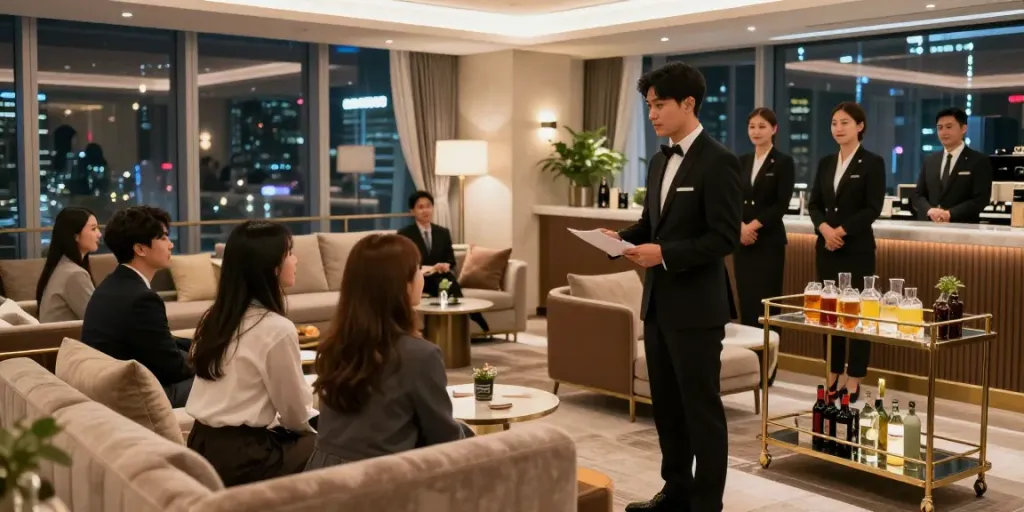 강남 타이밍의 고급스러운 라운지와 매니저를 안내하는 모습