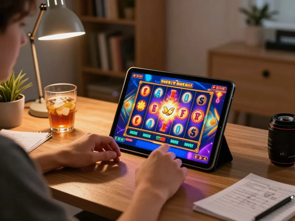 Winning strategies for Slot Online gaming highlighted in a cozy home setting with vibrant graphics.