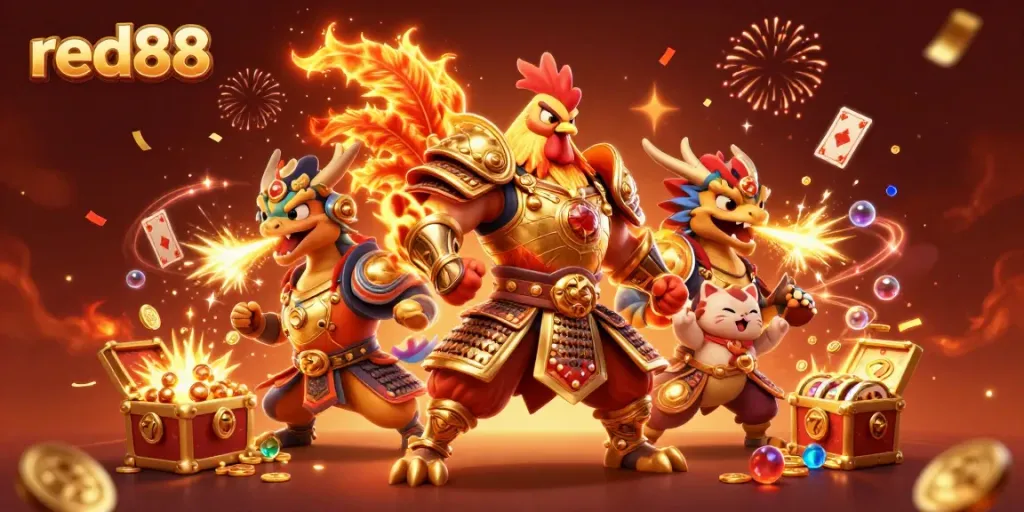 Experience thrilling gameplay at red88 with a dynamic scene of a rooster warrior, dragon, and treasure.