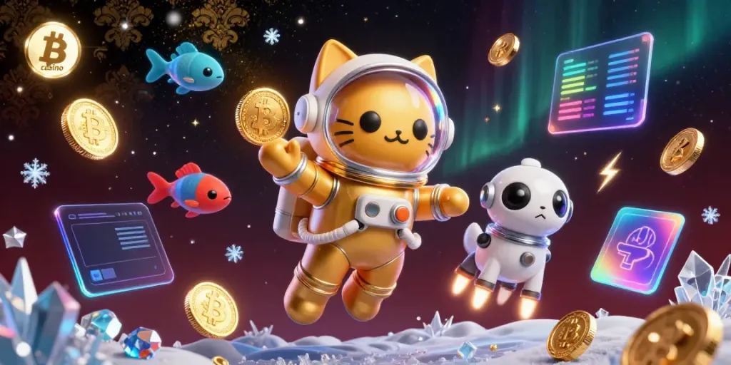 Engage in a bitcoin casino adventure with a cosmic cat and robotic dog among digital elements.