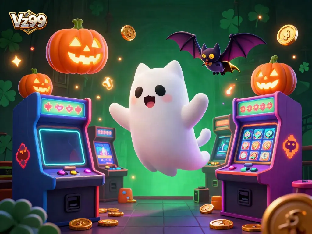 Engage with Vz99's vibrant casino experience featuring a friendly ghost cat and vampire bat.