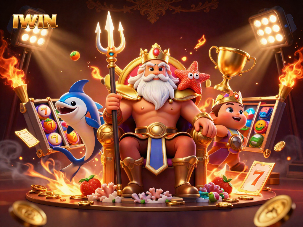 IWIN casino gaming illustration featuring Neptune surrounded by slot elements and gold coins