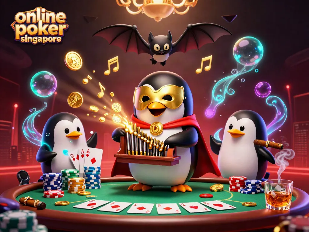 Engaging scene showcasing online poker Singapore with a vibrant 3D cartoon illustration featuring poker elements and characters.