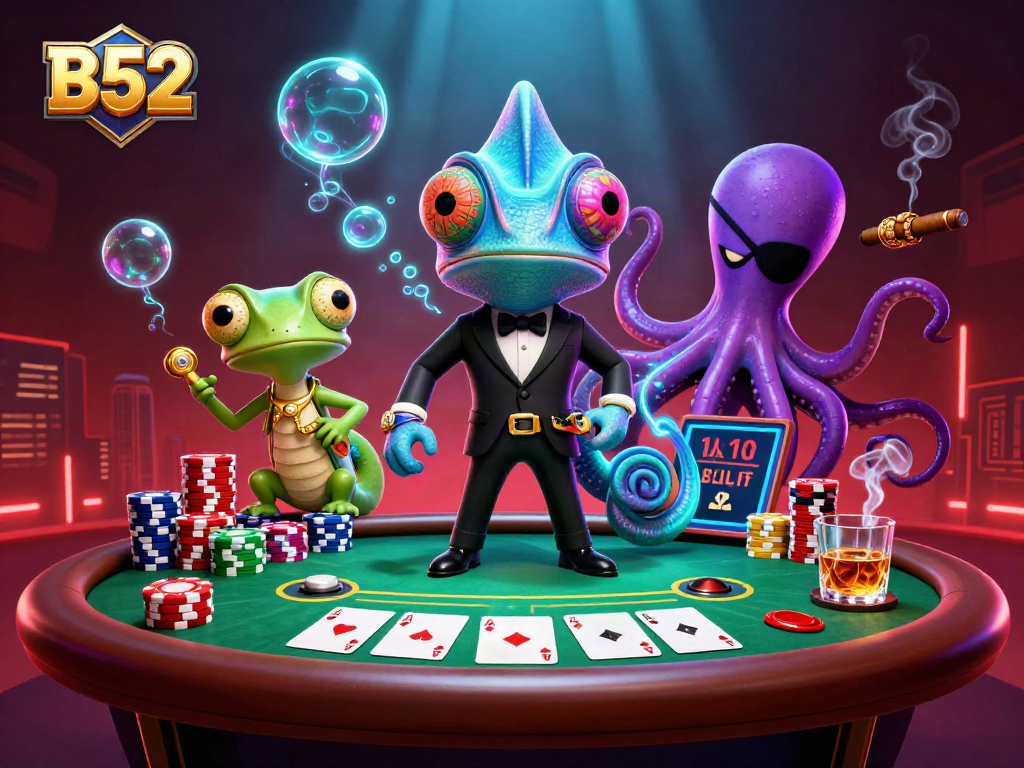 B52 engages in high-stakes poker surrounded by vibrant casino elements and characters.