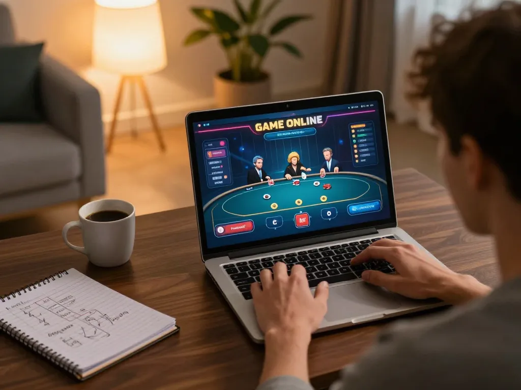 Engaged player enjoying a GAME ONLINE poker session on laptop with strategic notes nearby.