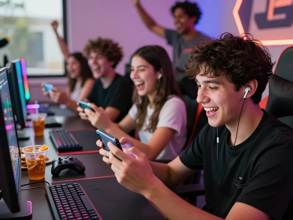 Players enjoying mobile games on AUTOWIN88 in a vibrant gaming environment.