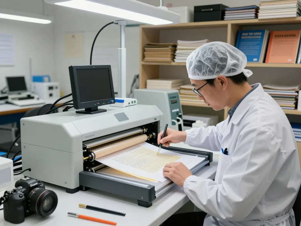 Document restoration process demonstrating Địa chỉ bóc ép plastic expertise in a modern workshop environment.