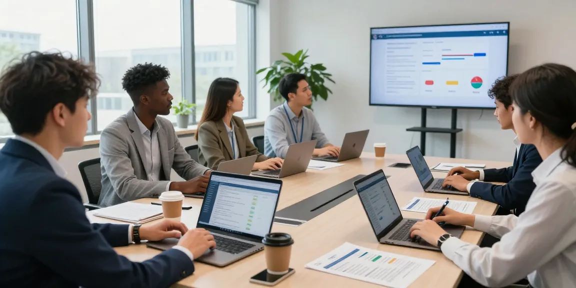 Business professionals discussing business mobile contracts UK in a modern office environment.