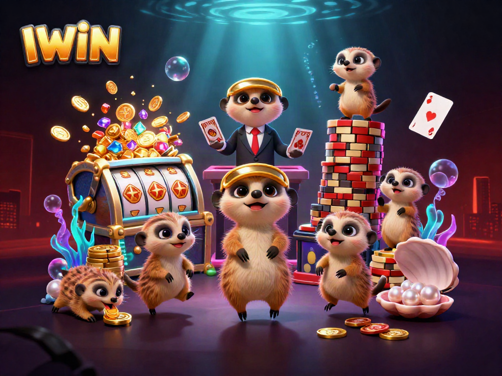 IWIN casino scene featuring meerkats as dealers and pit bosses in a vibrant underwater setting.