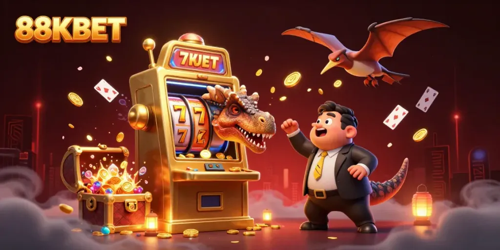 Catching coins from the jackpot at 88KBET, a vibrant dinosaur-themed casino scene.