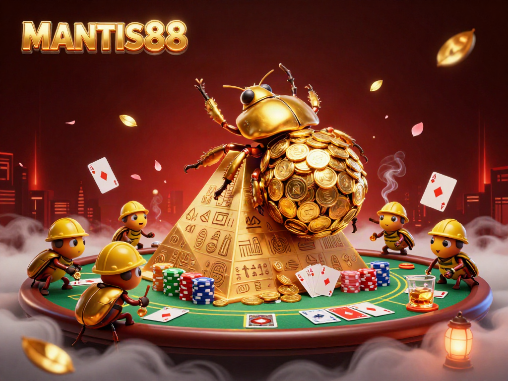 Engage with MANTIS88's vibrant gaming experience, featuring golden beetle characters and casino elements.
