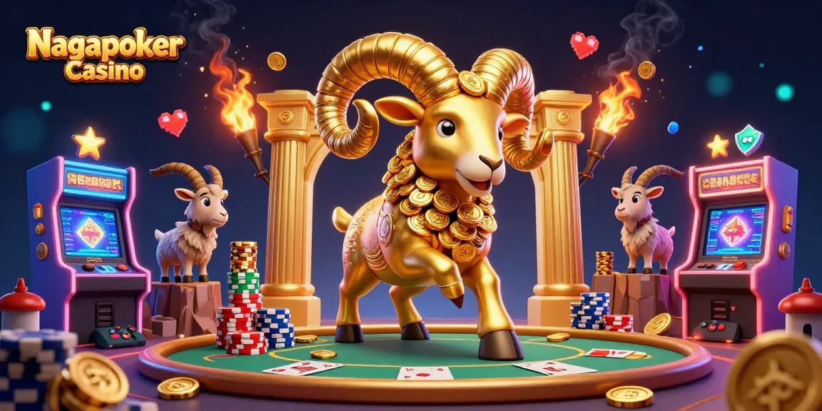 Nagapoker Casino showcases vibrant poker action with a golden ram, chips, and arcade elements in a thrilling scene