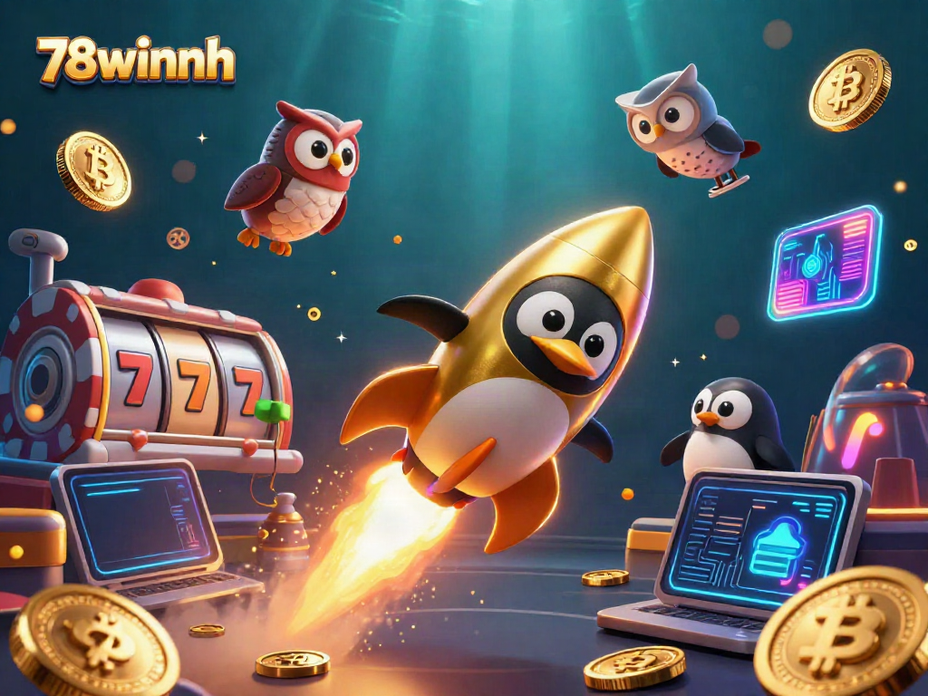 Experience thrilling wins at 78winnh with a explosive illustration of a golden penguin and casino elements.