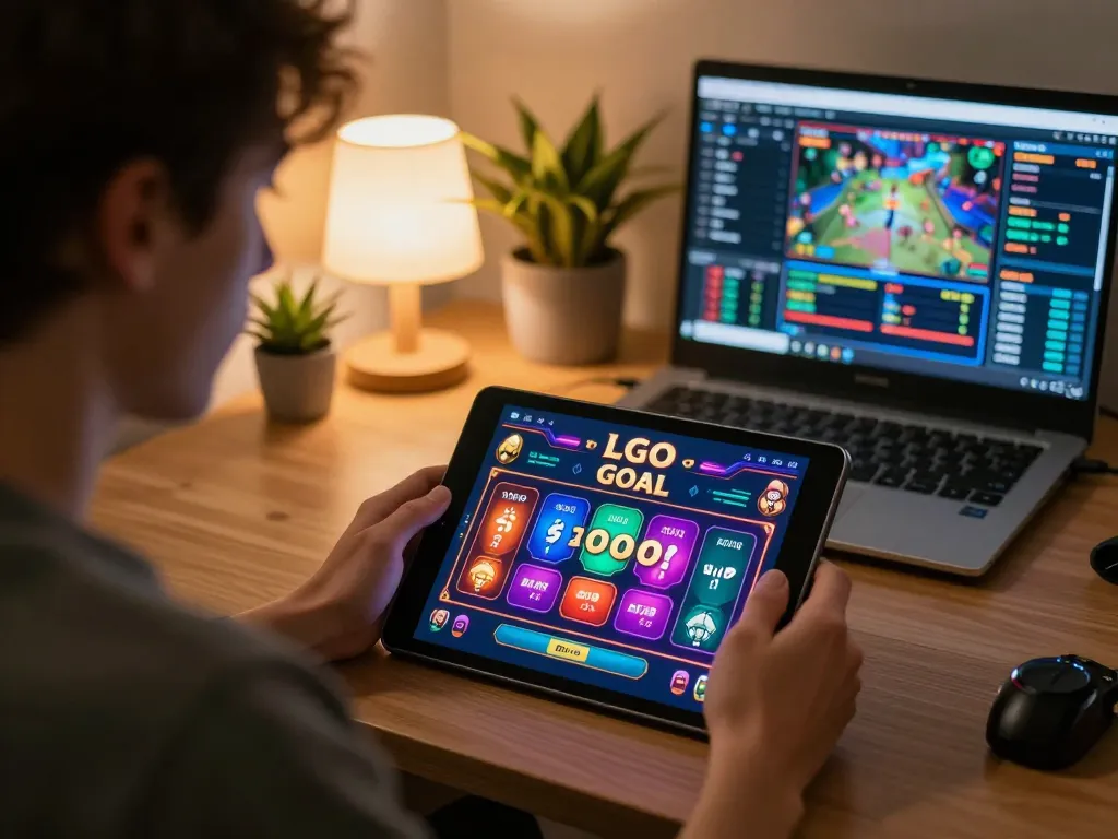 LGO GOAL interface displayed on tablet during strategic online gaming session at home.