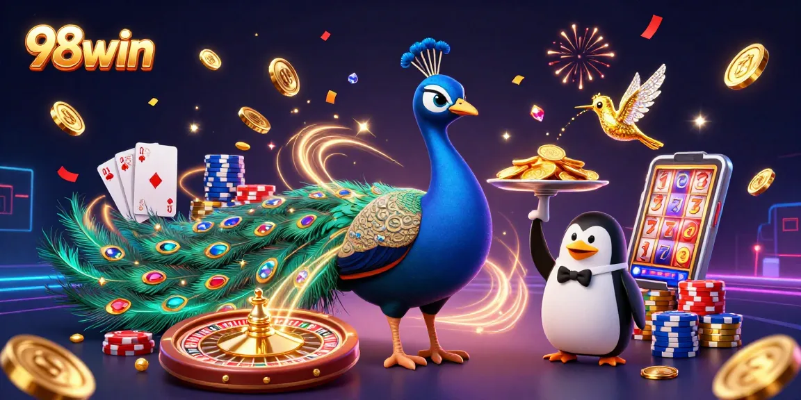 Engage with 98win's vibrant casino scene featuring a peacock, penguin, and hummingbird amidst dynamic gaming elements.