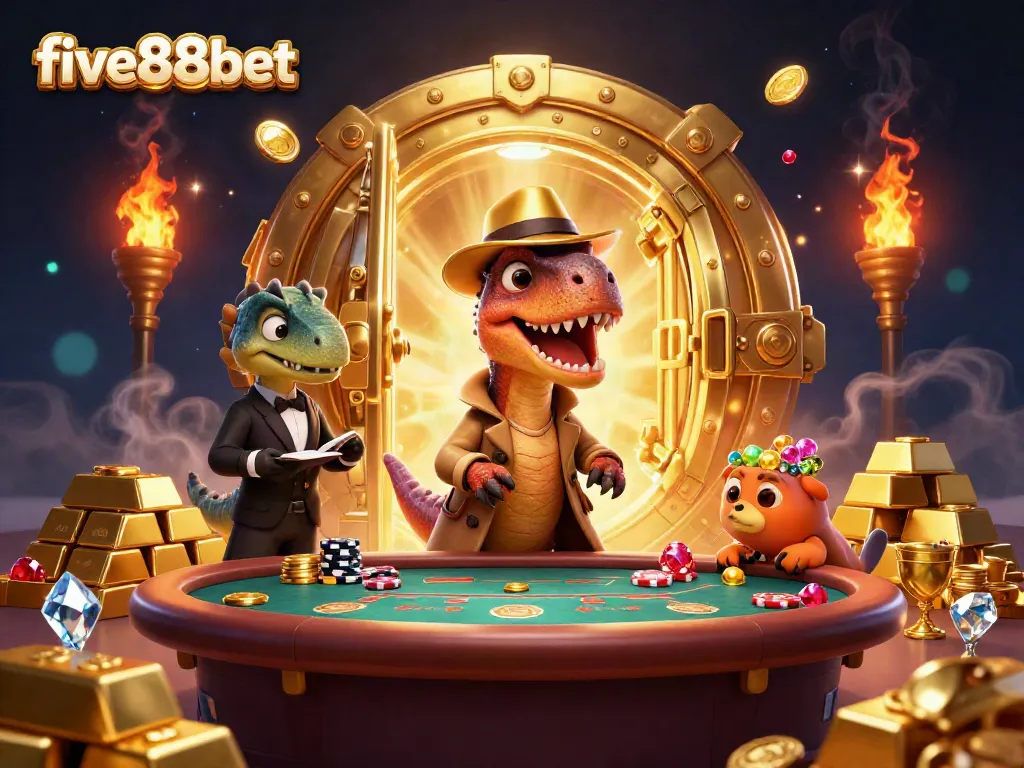 Join the exciting world of five88bet with cartoon characters at a blackjack table amidst treasure!
