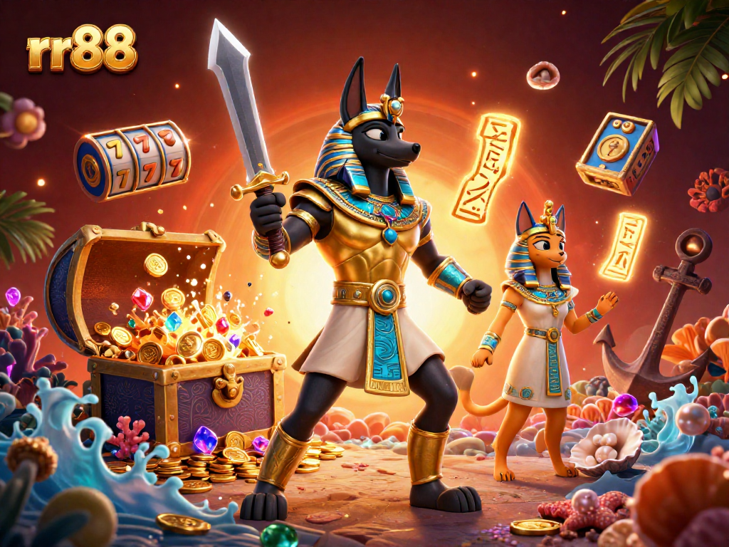 Join the vibrant rr88 casino adventure with Anubis and Bastet in this dynamic slot-themed illustration.