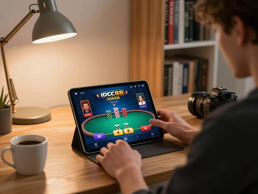 Player exploring the exciting features of IDC88 JOKER during an online poker game on a cozy tablet setup