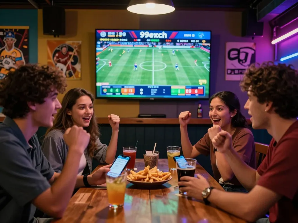 Friends enjoying 99exch live betting experience in a lively sports bar with screens and snacks.