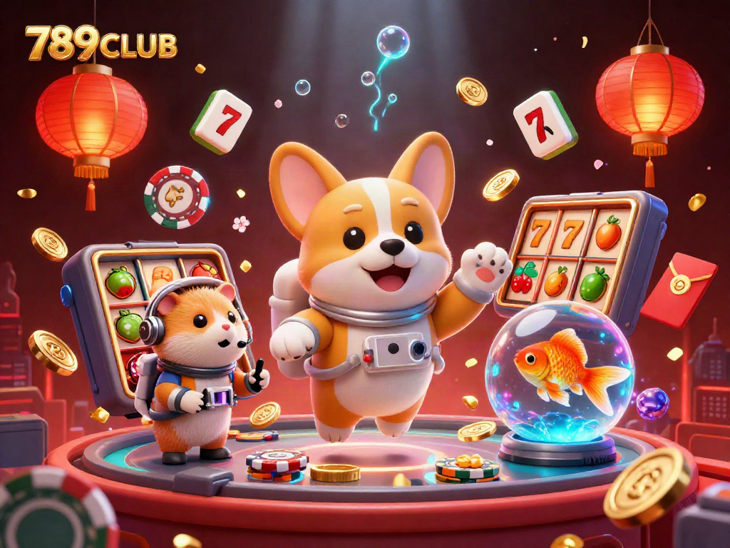 Engage with 789CLUB in this vibrant 3D casino illustration featuring a floating corgi in space