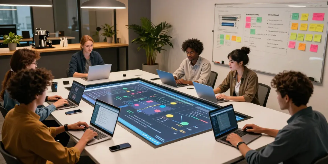 Build internal tools with AI in a collaborative tech workspace with diverse developers engaged in software projects.