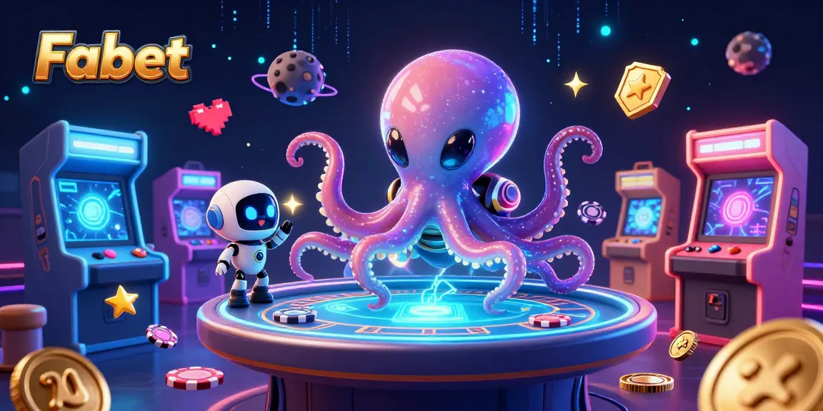 Experience the vibrant energy of Fabet at a holographic poker table with a cartoon alien octopus.