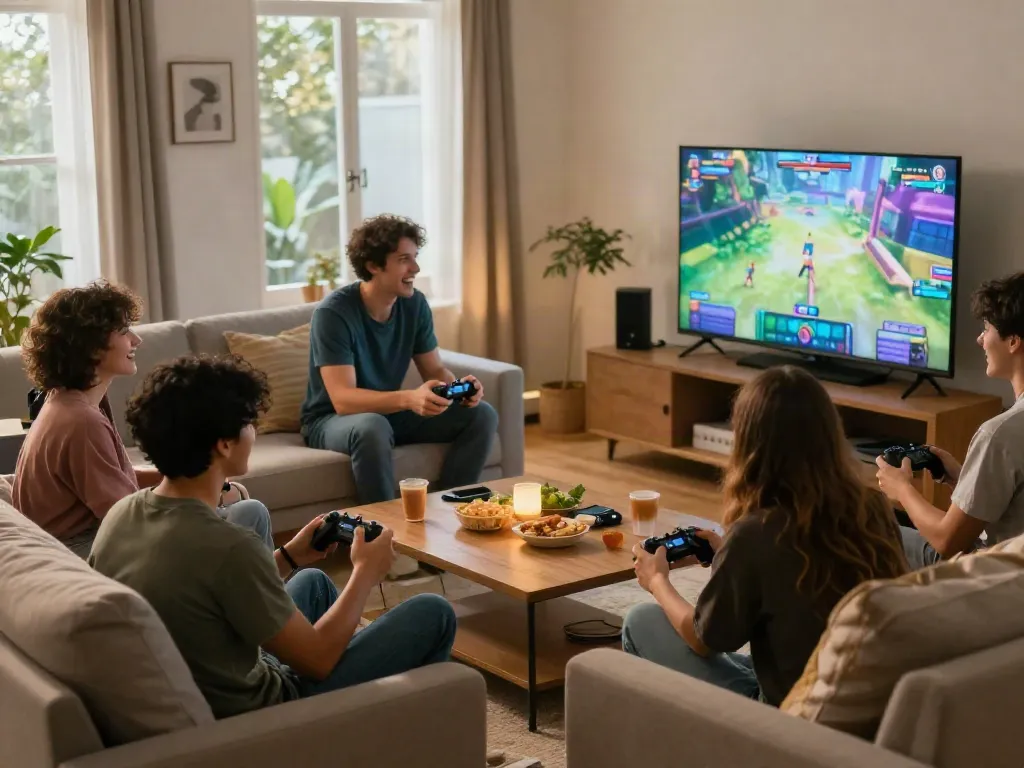 Gaming session at home with friends enjoying rokok88 online games.