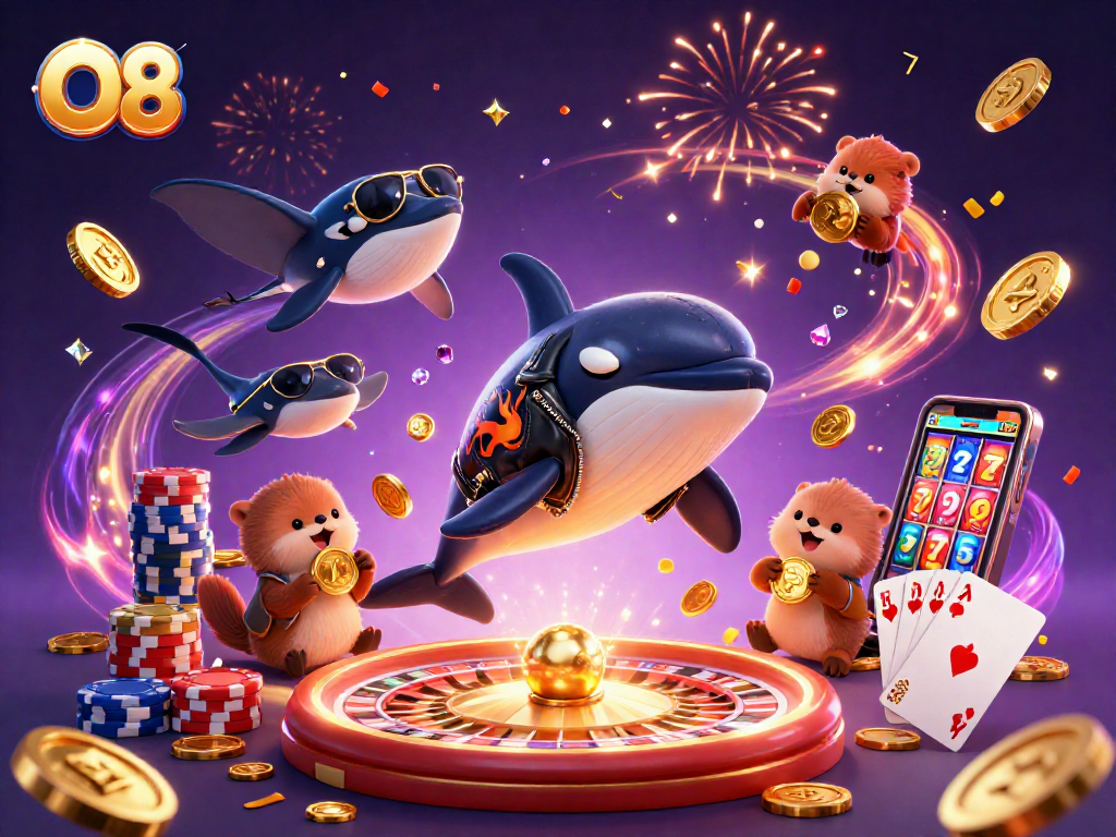 Experience thrilling casino games with O8's orca whale and otters in a vibrant, fun digital scene.